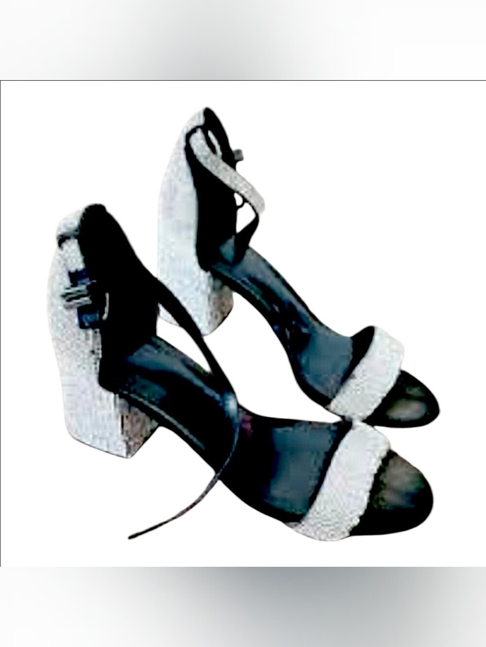 Gianni Bini Black Silvery Rhinestone Strappy Chunky Heel Sandals 7 M